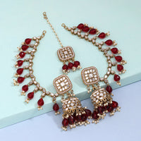 Thumbnail for maroon color mirror kundan earrings with maang tikka (mtke466mrn)