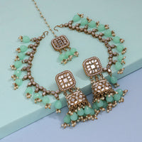 Thumbnail for pista green color mirror kundan earrings with maang tikka (mtke466pgrn)