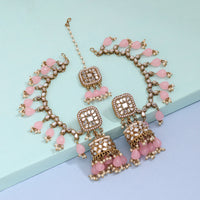 Thumbnail for pink color mirror kundan earrings with maang tikka (mtke466pnk)
