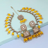 Thumbnail for yellow color mirror kundan earrings with maang tikka (mtke466ylw)