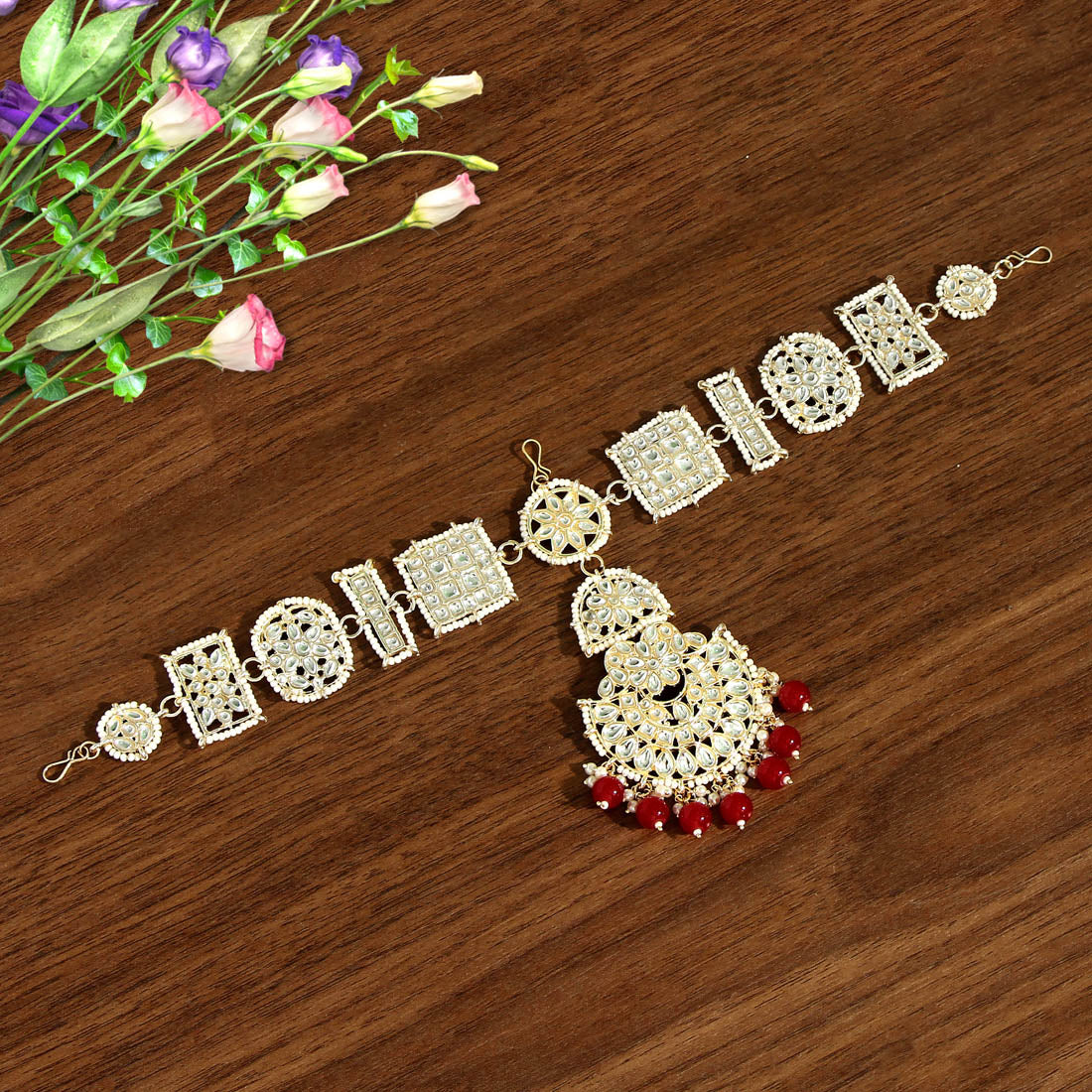 maroon color kundan matha patti (mtp298mrn)