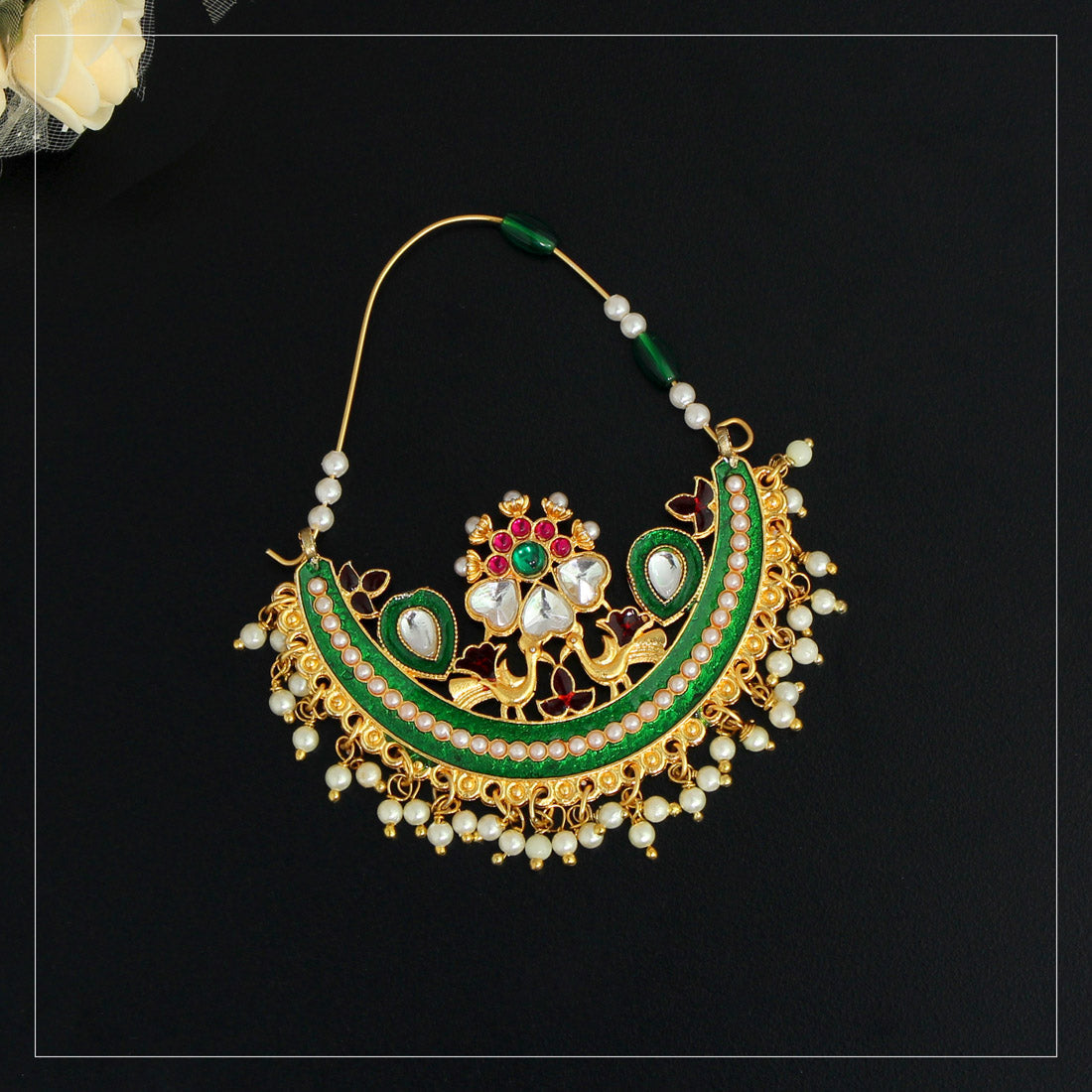 green color glass stone meenakari nose nath (nth288grn)